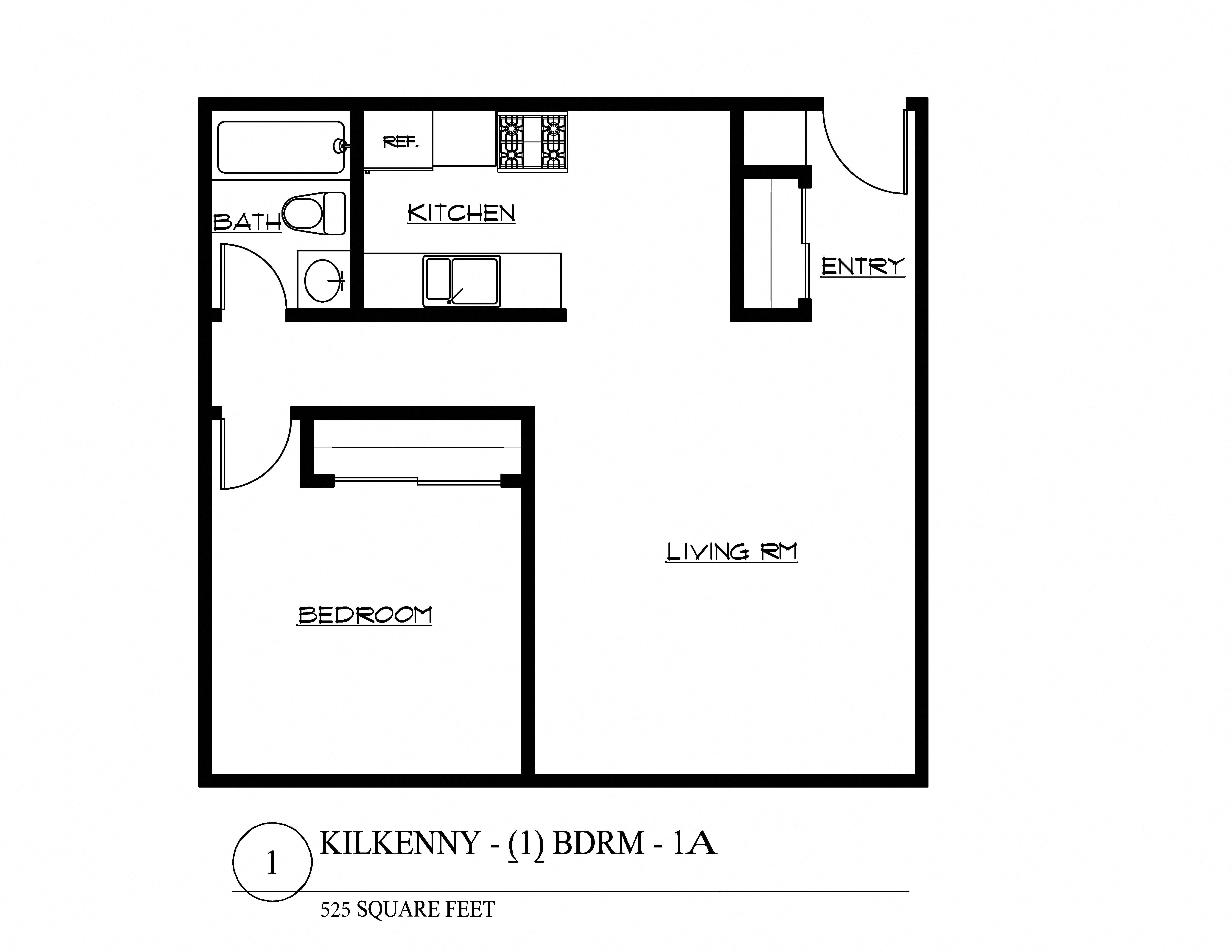 Floor plan for 1 bed, 1 bath, 580 sqft